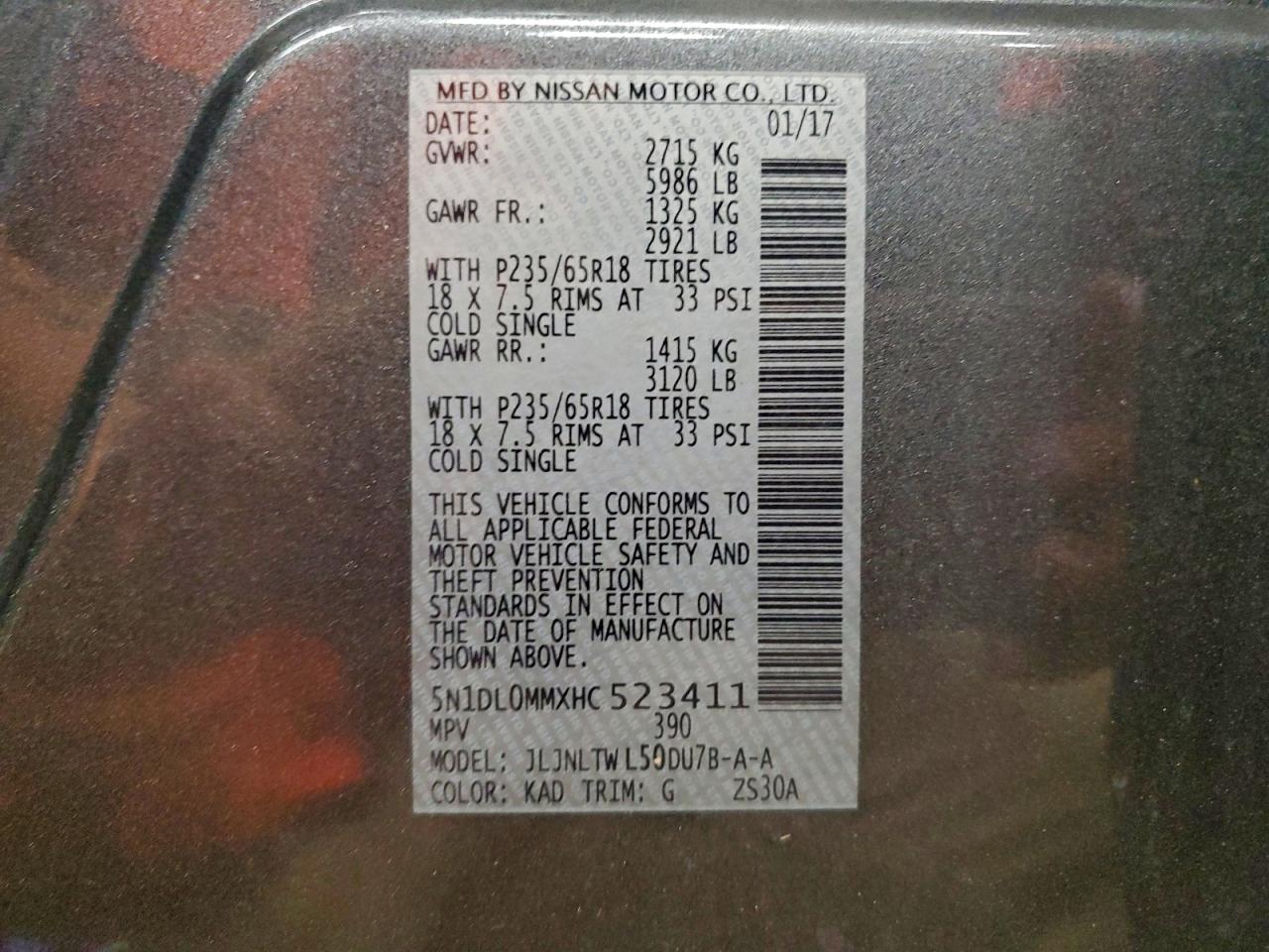 2017 Infiniti Qx60 VIN: 5N1DL0MMXHC523411 Lot: 94784255