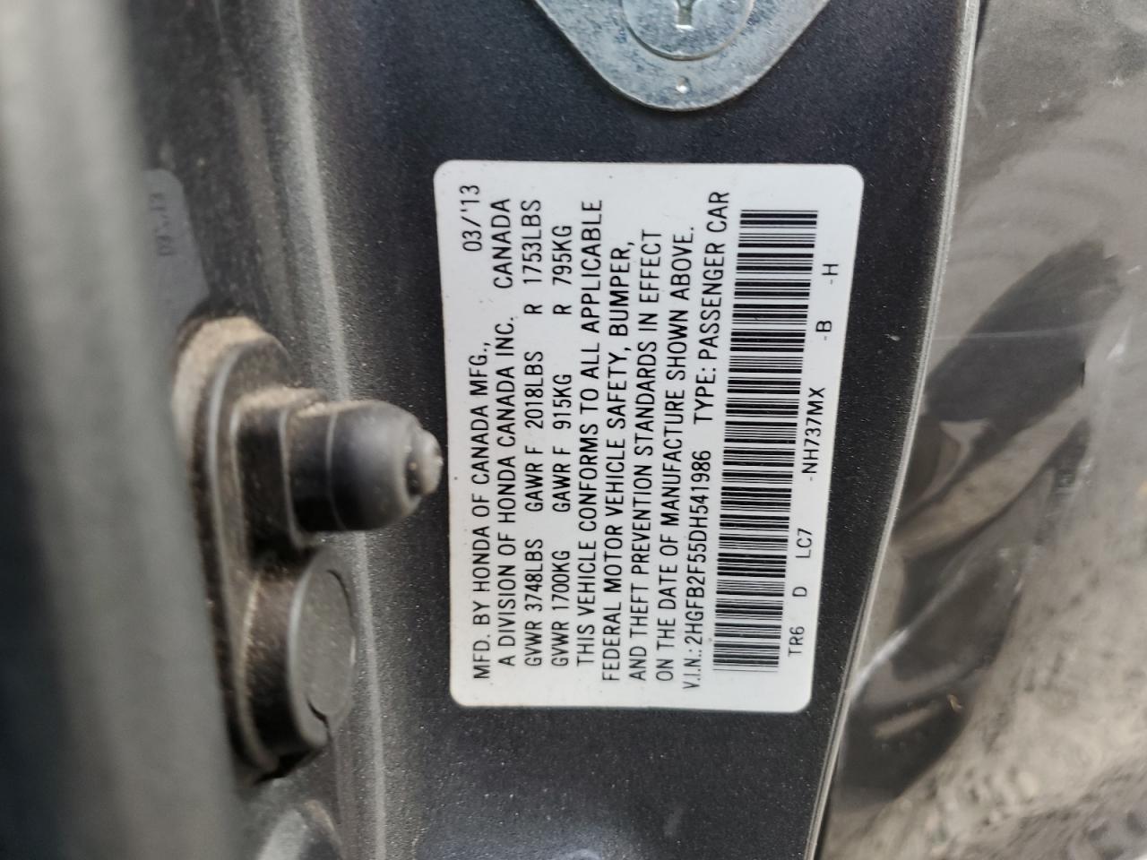 2013 Honda Civic Lx VIN: 2HGFB2F55DH541986 Lot: 92493615