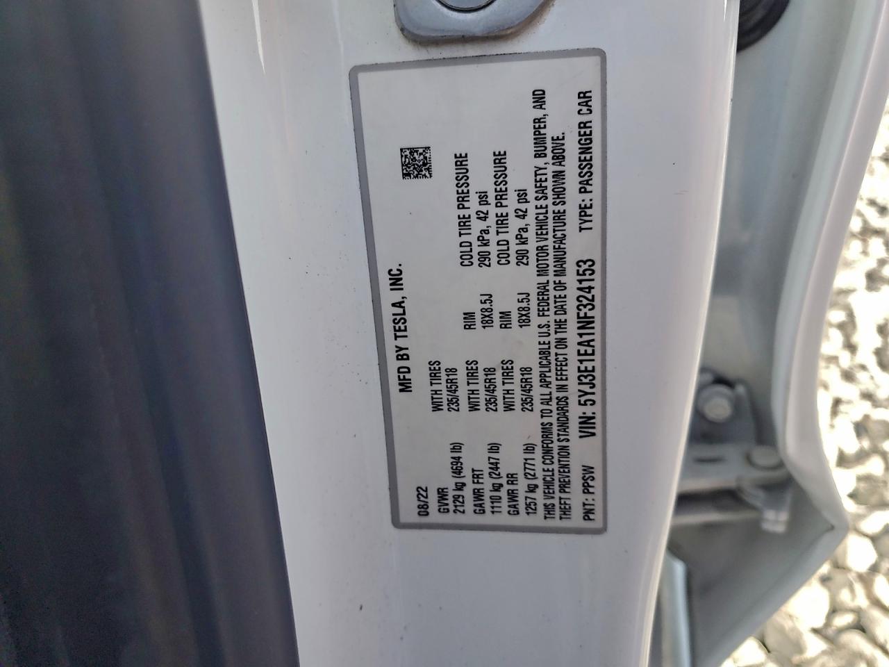 2022 Tesla Model 3 VIN: 5YJ3E1EA1NF324153 Lot: 93927065