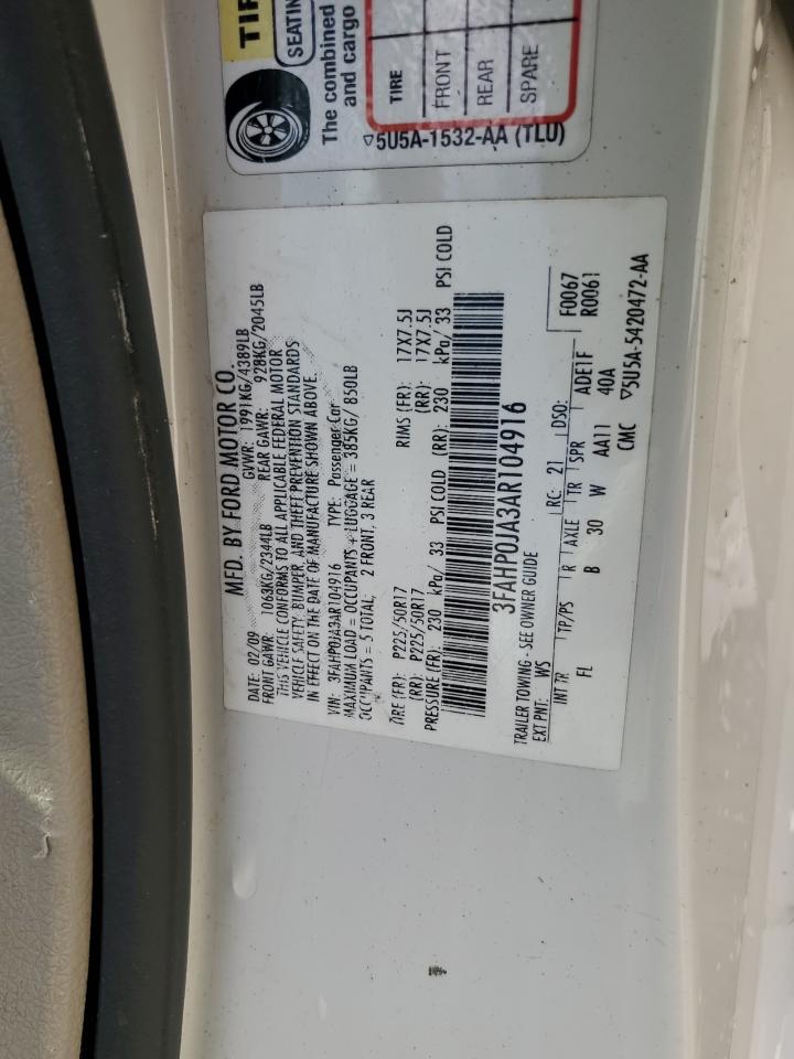 2010 Ford Fusion Sel VIN: 3FAHP0JA3AR104916 Lot: 93619445