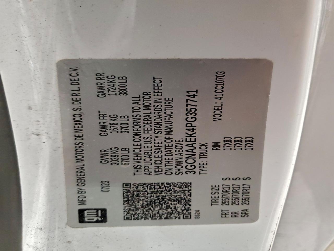 2023 Chevrolet Silverado C1500 VIN: 3GCNAAEK4PG357741 Lot: 93866545