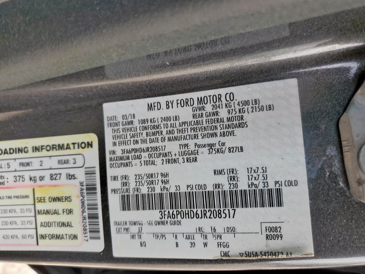 2018 Ford Fusion Se VIN: 3FA6P0HD6JR208517 Lot: 93542475