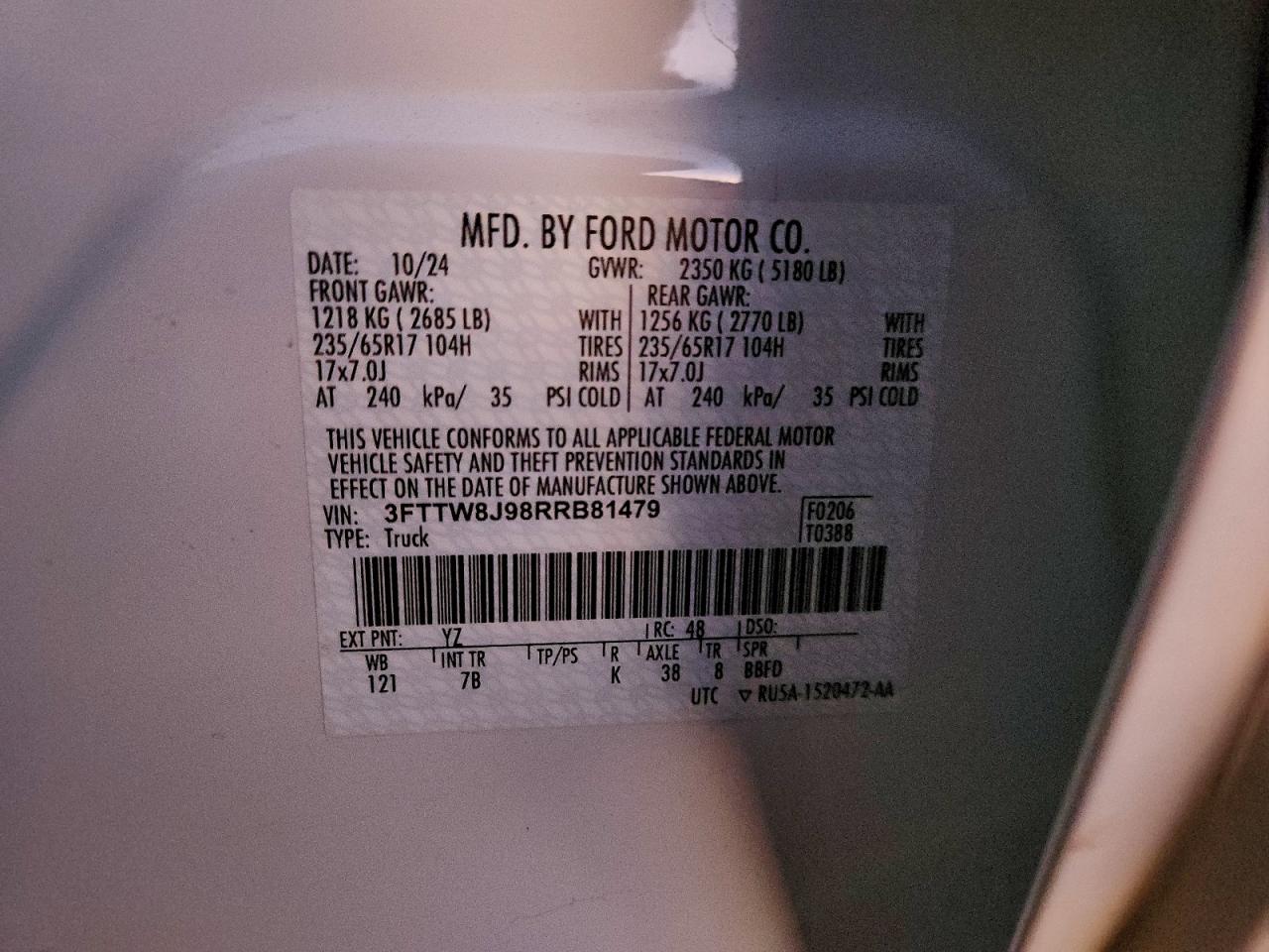 2024 Ford Maverick Xlt VIN: 3FTTW8J98RRB81479 Lot: 94035205