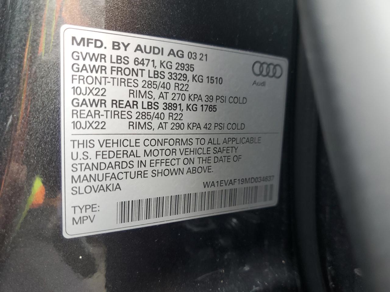 2021 Audi Q8 Premium Plus S-Line VIN: WA1EVAF19MD034637 Lot: 92942445