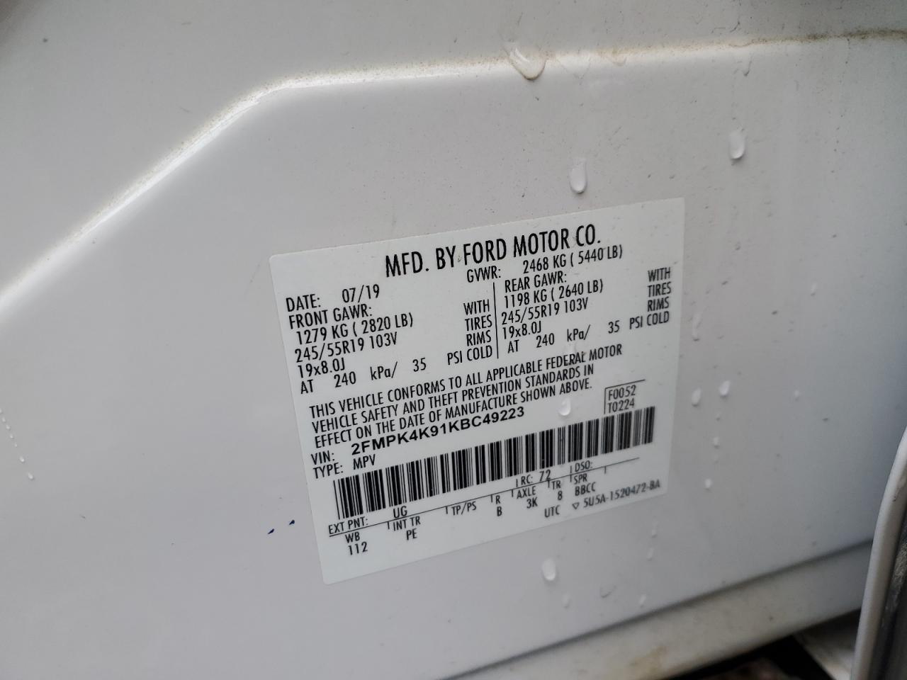 2019 Ford Edge Titanium VIN: 2FMPK4K91KBC49223 Lot: 92312215