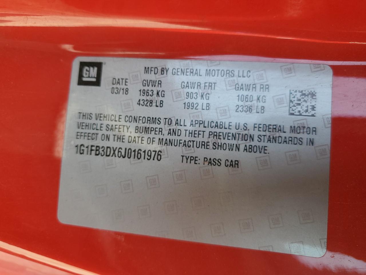 2018 Chevrolet Camaro Lt VIN: 1G1FB3DX6J0161976 Lot: 91309945