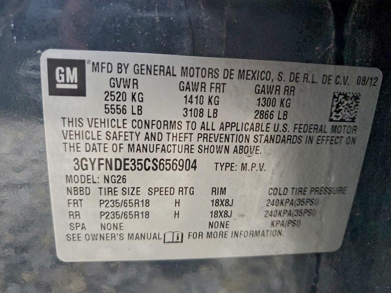 2012 Cadillac Srx Luxury Collection VIN: 3GYFNDE35CS656904 Lot: 93848035