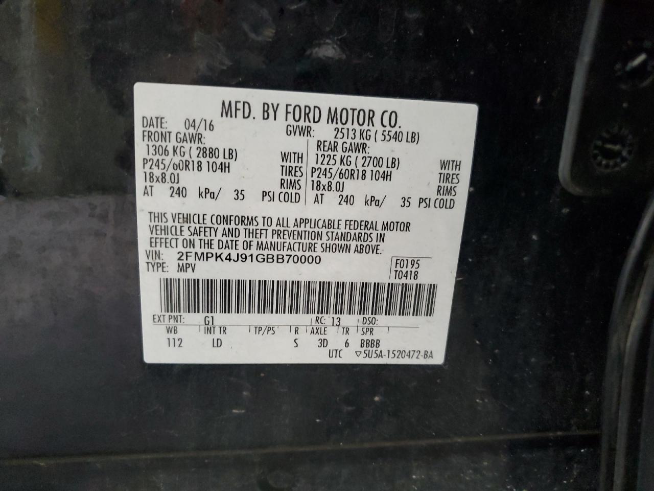 2016 Ford Edge Sel VIN: 2FMPK4J91GBB70000 Lot: 91088505