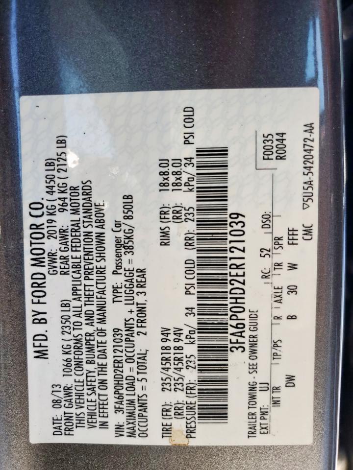 2014 Ford Fusion Se VIN: 3FA6P0HD2ER121039 Lot: 91949035