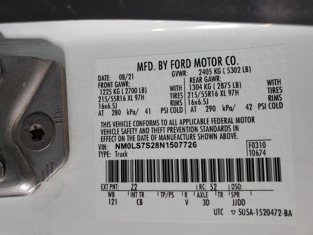 2022 Ford Transit Connect Xl VIN: NM0LS7S28N1507726 Lot: 93852265