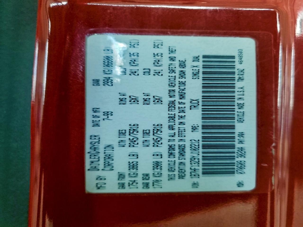 2000 Dodge Ram 1500 VIN: 1B7HF13Z9YJ102212 Lot: 94110095