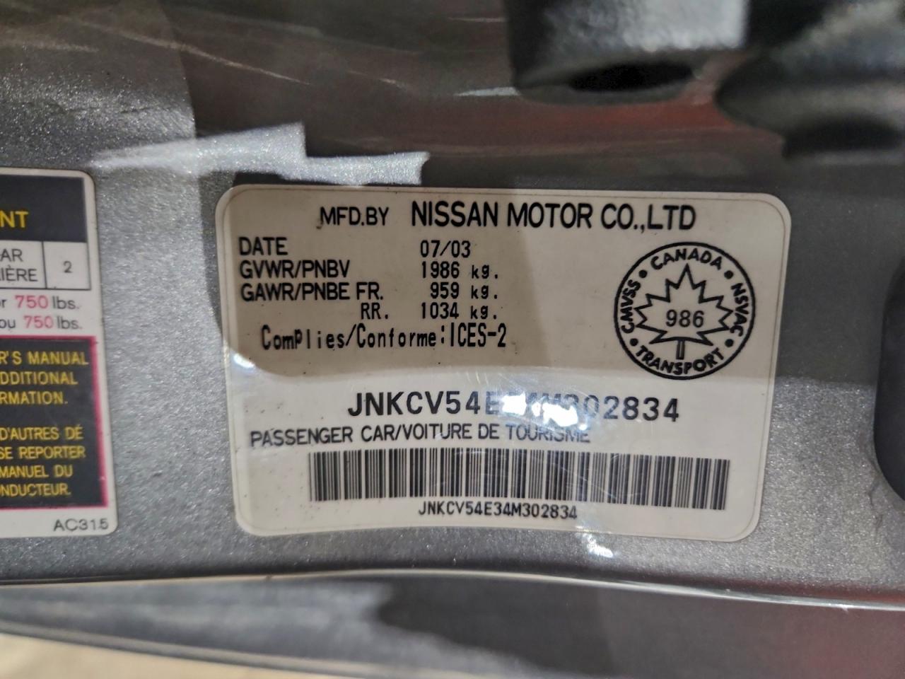 2004 Infiniti G35 VIN: JNKCV54E34M302834 Lot: 94805175