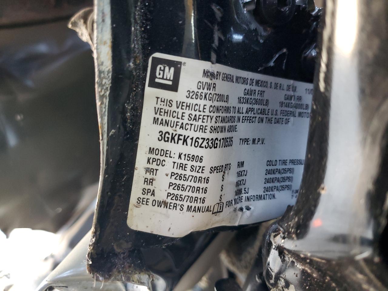 2003 GMC Yukon Xl K1500 VIN: 3GKFK16Z33G170535 Lot: 93323025