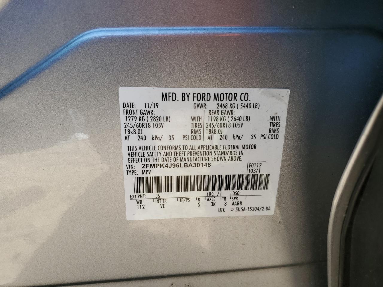 2020 Ford Edge Sel VIN: 2FMPK4J96LBA30146 Lot: 91734075