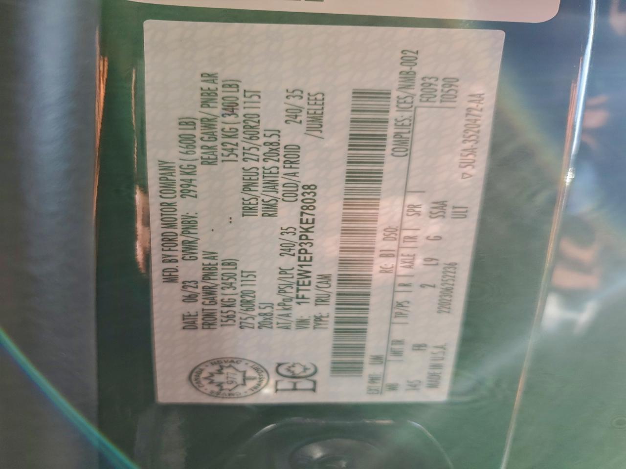 2023 Ford F150 Supercrew VIN: 1FTEW1EP3PKE78038 Lot: 92761145