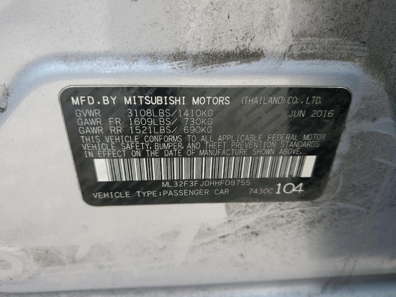 2017 Mitsubishi Mirage G4 Es VIN: ML32F3FJ0HHF08755 Lot: 92480965