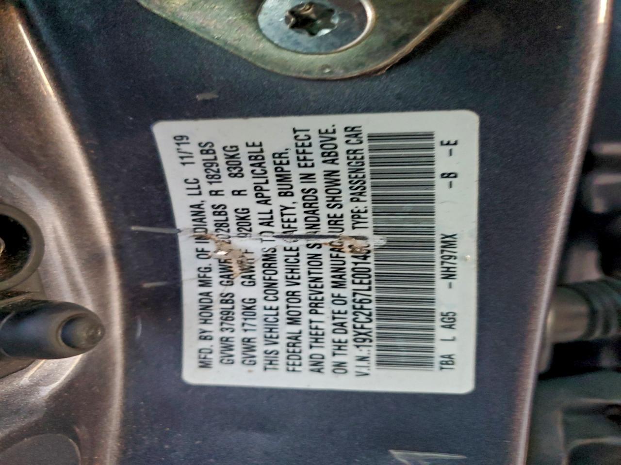 2020 Honda Civic Lx VIN: 19XFC2F67LE001408 Lot: 94072965