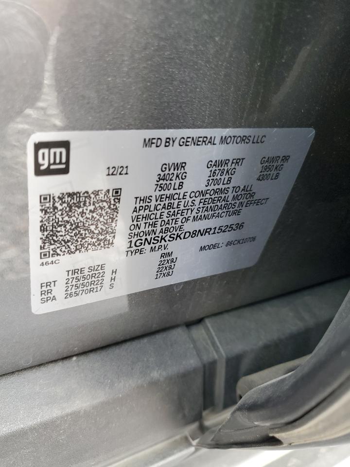 2022 Chevrolet Tahoe K1500 Premier VIN: 1GNSKSKD8NR152536 Lot: 92155625