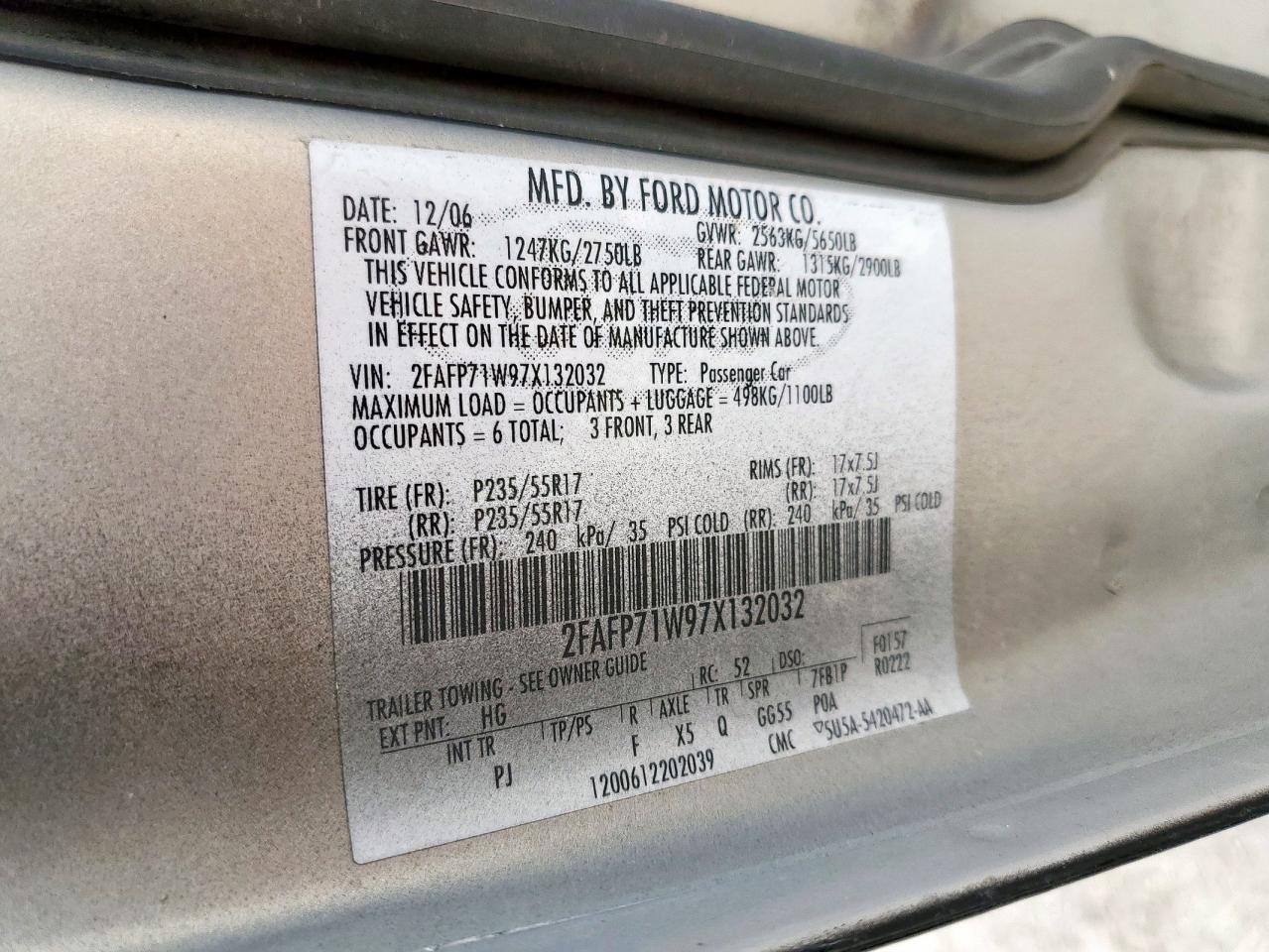 2007 Ford Crown Victoria Police Interceptor VIN: 2FAFP71W97X132032 Lot: 93356815