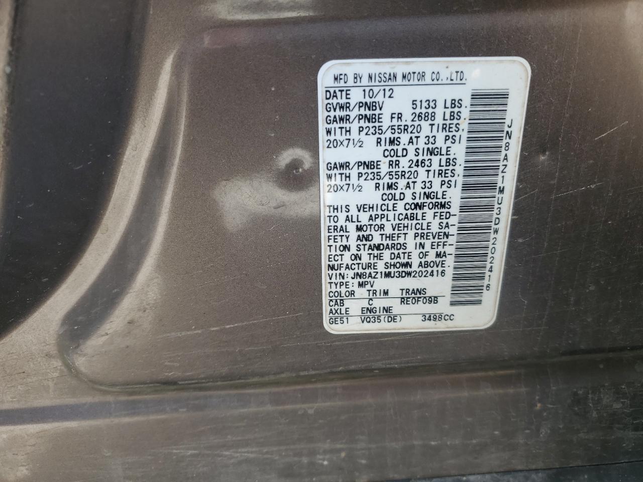 2013 Nissan Murano S VIN: JN8AZ1MU3DW202416 Lot: 91868105