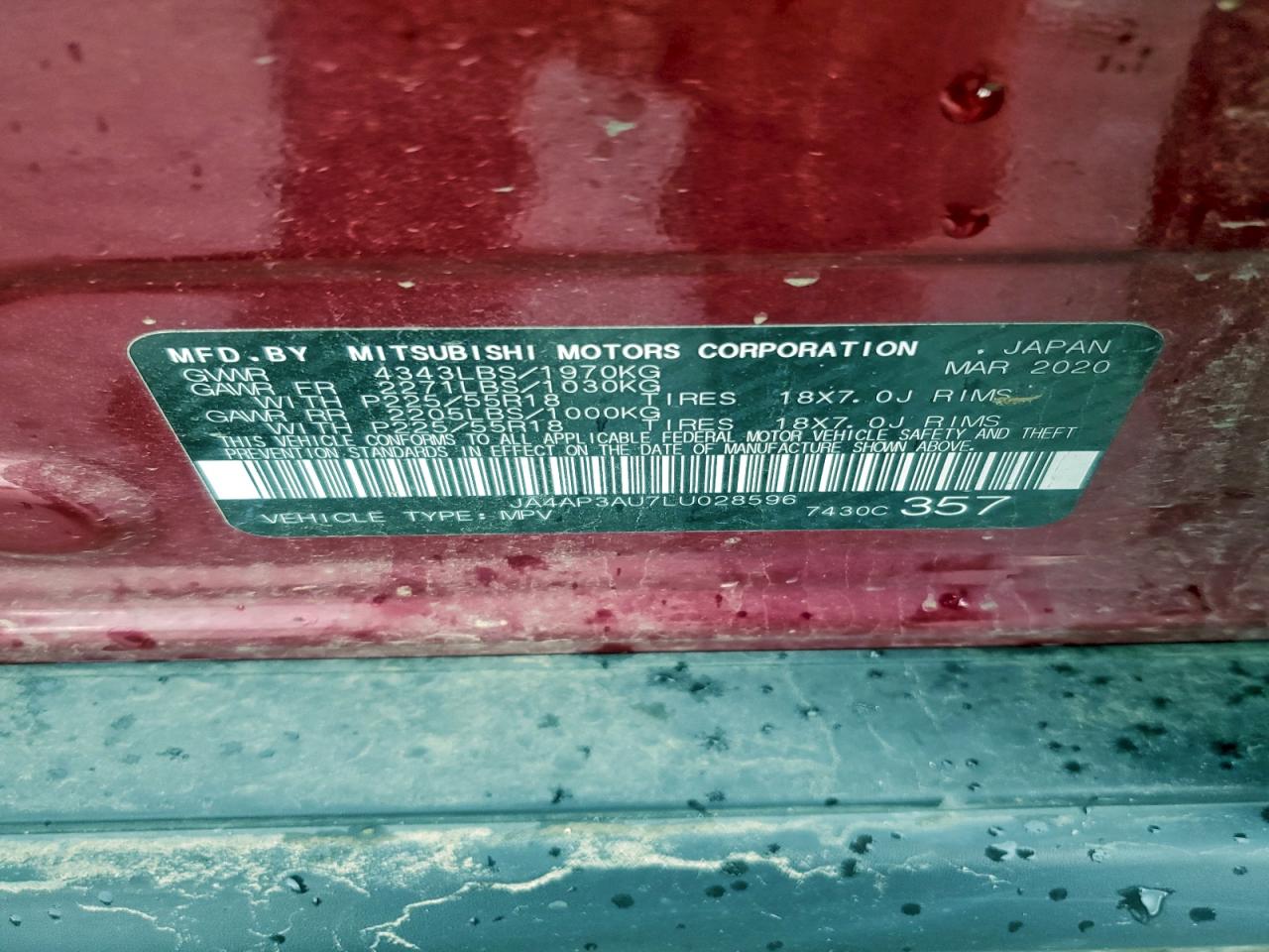 2020 Mitsubishi Outlander Sport Es VIN: JA4AP3AU7LU028596 Lot: 93931115