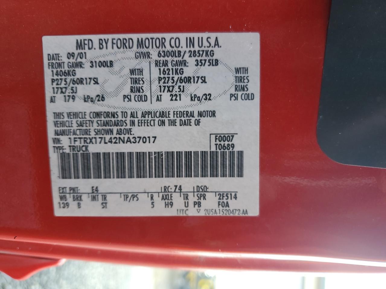 2002 Ford F150 VIN: 1FTRX17L42NA37017 Lot: 92721165