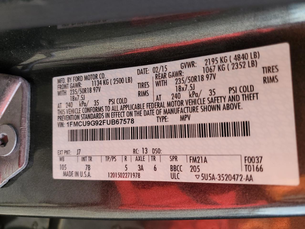 2015 Ford Escape Se VIN: 1FMCU9G92FUB67578 Lot: 92684085