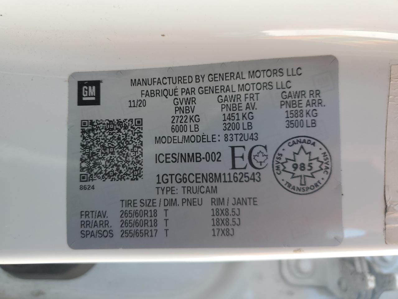 2021 GMC Canyon Elevation VIN: 1GTG6CEN8M1162543 Lot: 93064535
