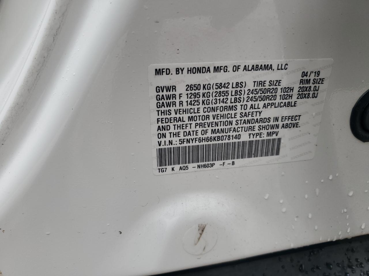 2019 Honda Pilot Touring VIN: 5FNYF6H66KB078140 Lot: 92462655