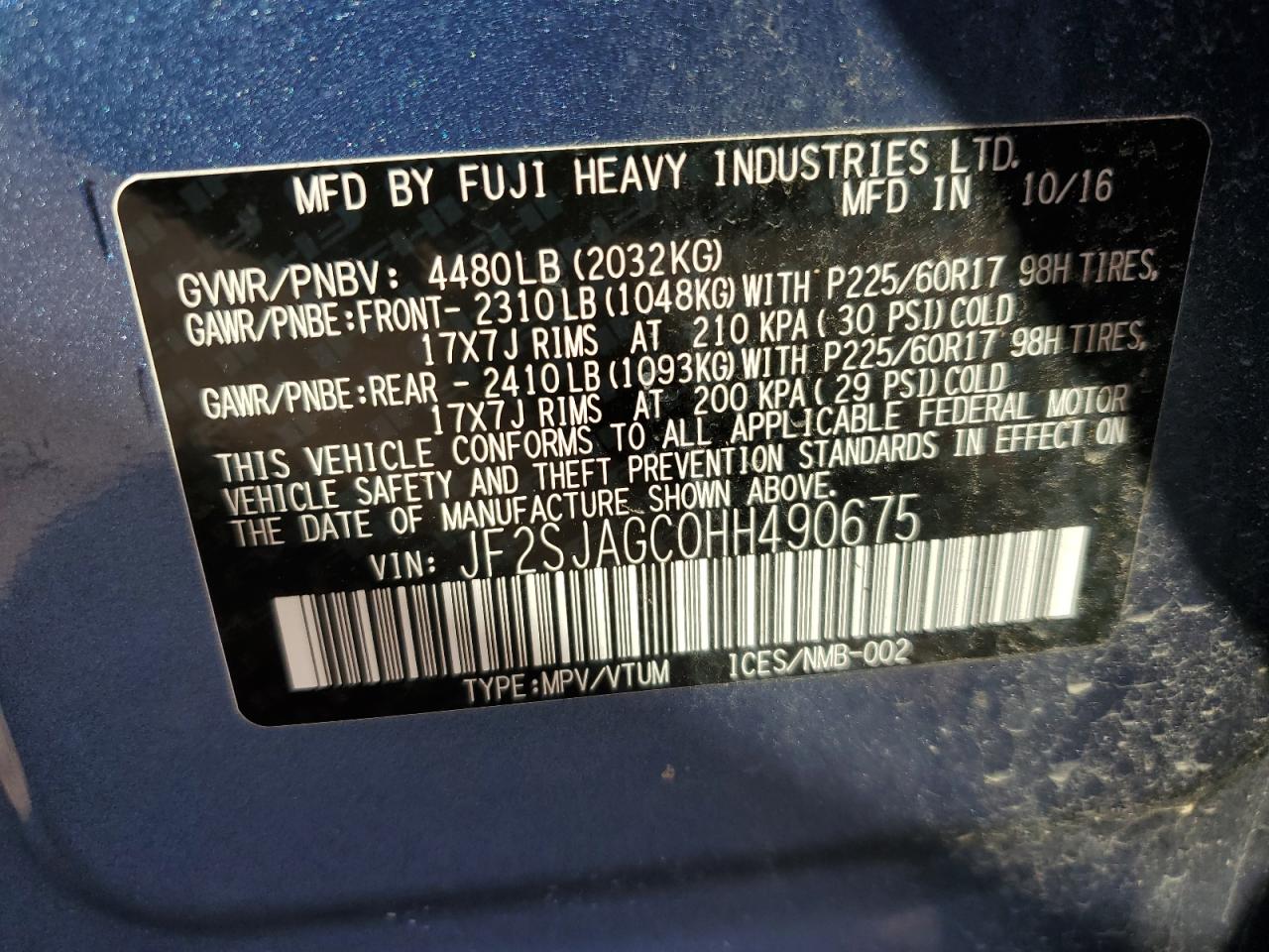 2017 Subaru Forester 2.5I Premium VIN: JF2SJAGC0HH490675 Lot: 90686275