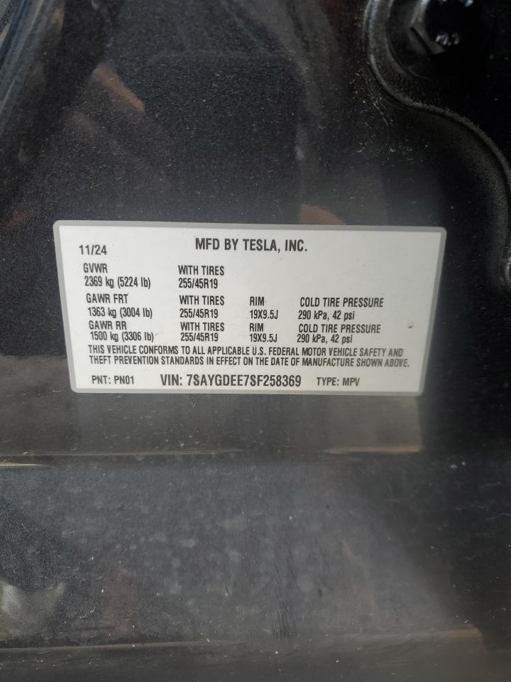 2025 Tesla Model Y VIN: 7SAYGDEE7SF258369 Lot: 92725935