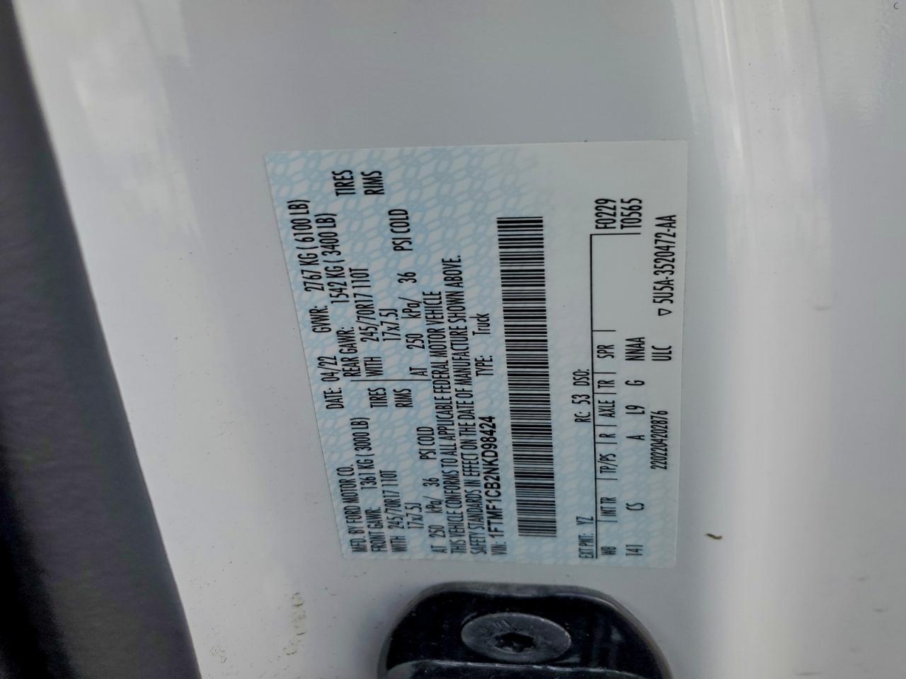 2022 Ford F150 VIN: 1FTMF1CB2NKD98424 Lot: 92947975