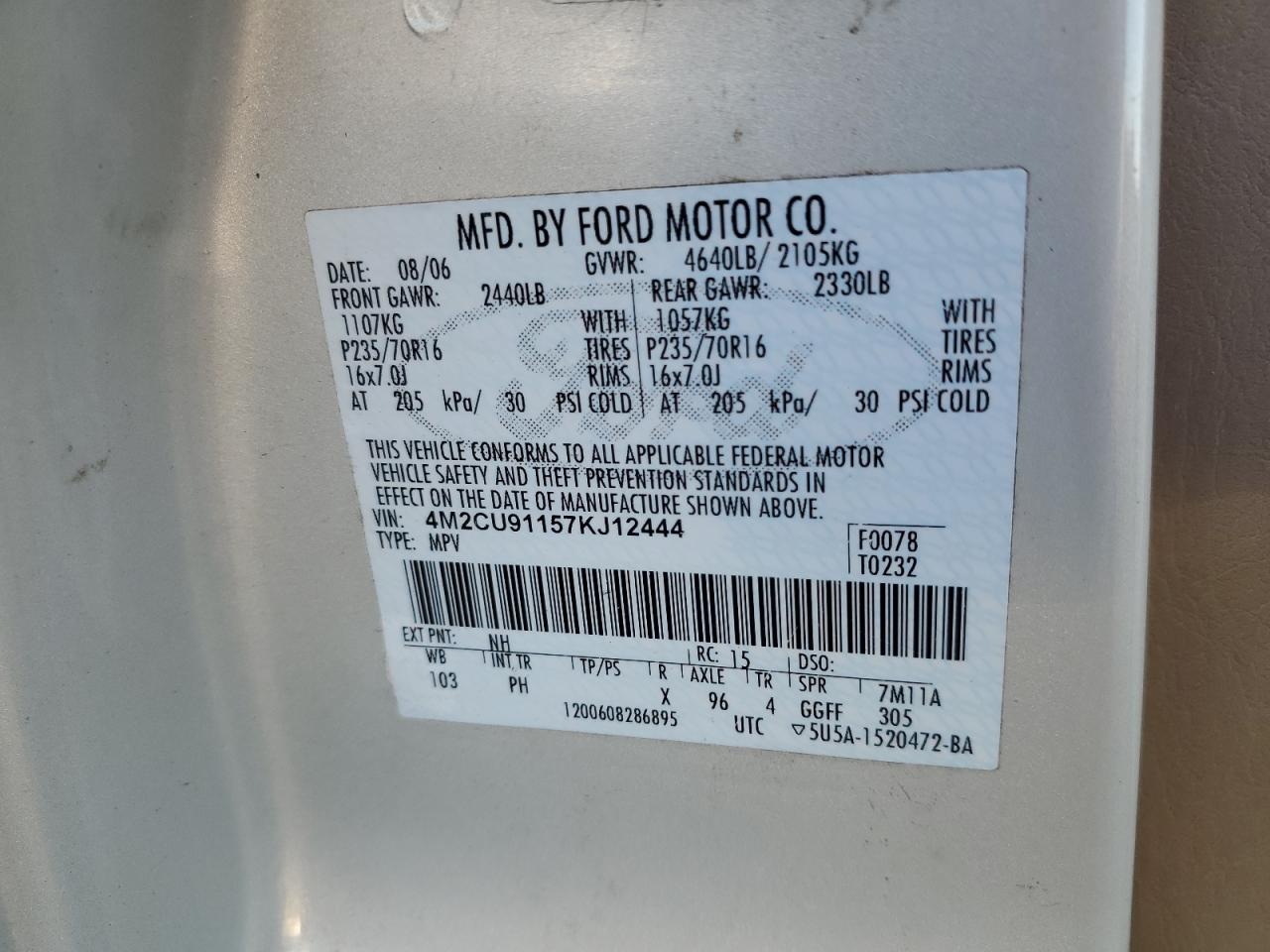 2007 Mercury Mariner Luxury VIN: 4M2CU91157KJ12444 Lot: 93310955