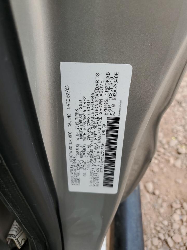 2003 Toyota Tacoma Xtracab Prerunner VIN: 5TESN92N13Z217701 Lot: 92718655