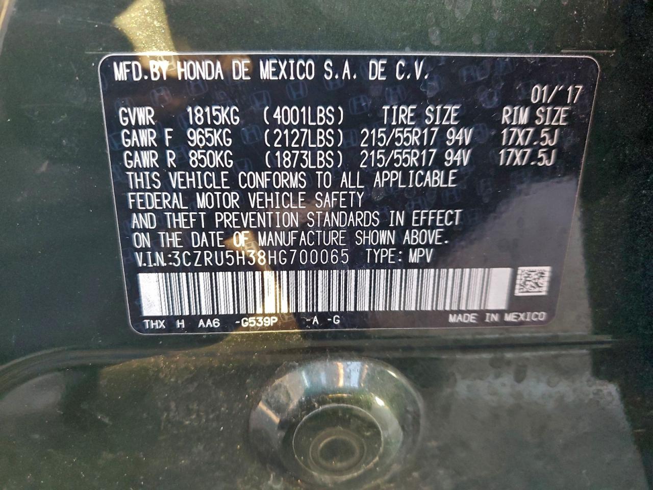 2017 Honda Hr-V Lx VIN: 3CZRU5H38HG700065 Lot: 94052035