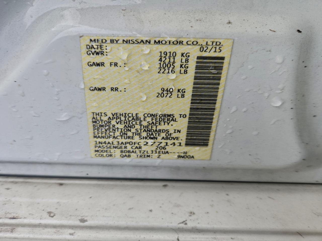 2015 Nissan Altima 2.5 VIN: 1N4AL3AP0FC277141 Lot: 93992325