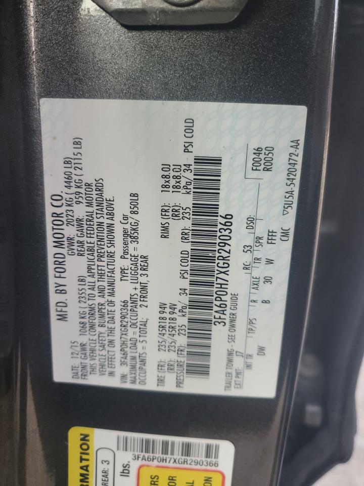 2016 Ford Fusion Se VIN: 3FA6P0H7XGR290366 Lot: 89507505