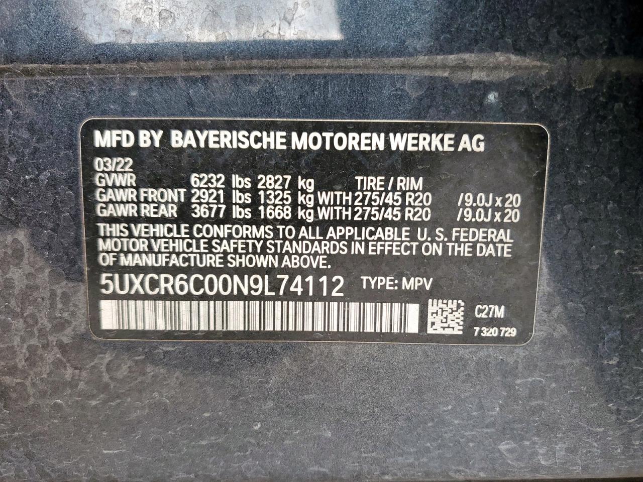 2022 BMW X5 xDrive40I VIN: 5UXCR6C00N9L74112 Lot: 93528835