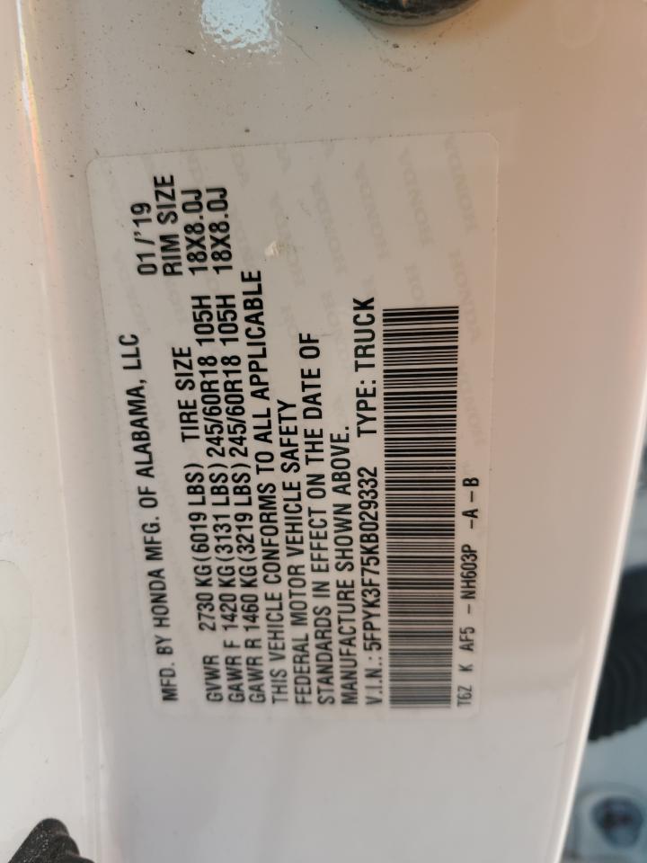 2019 Honda Ridgeline Rtl VIN: 5FPYK3F75KB029332 Lot: 93367455