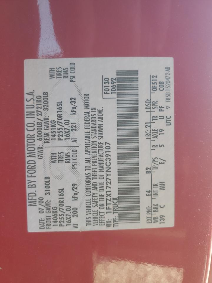 2000 Ford F150 VIN: 1FTZX1727YNC39107 Lot: 91852265