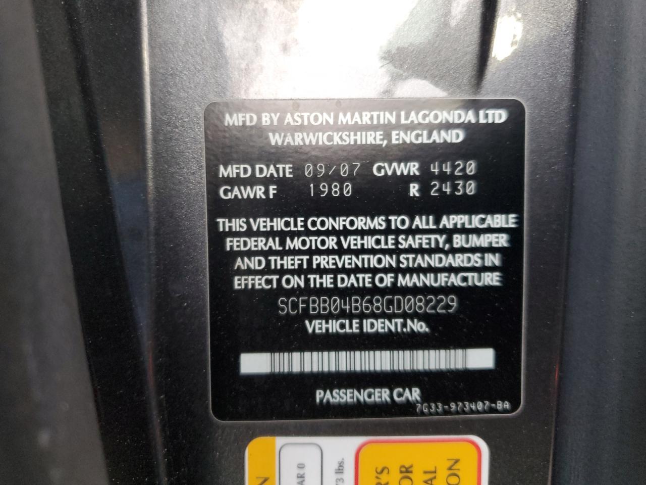 2008 Aston Martin V8 Vantage VIN: SCFBB04B68GD08229 Lot: 91583625
