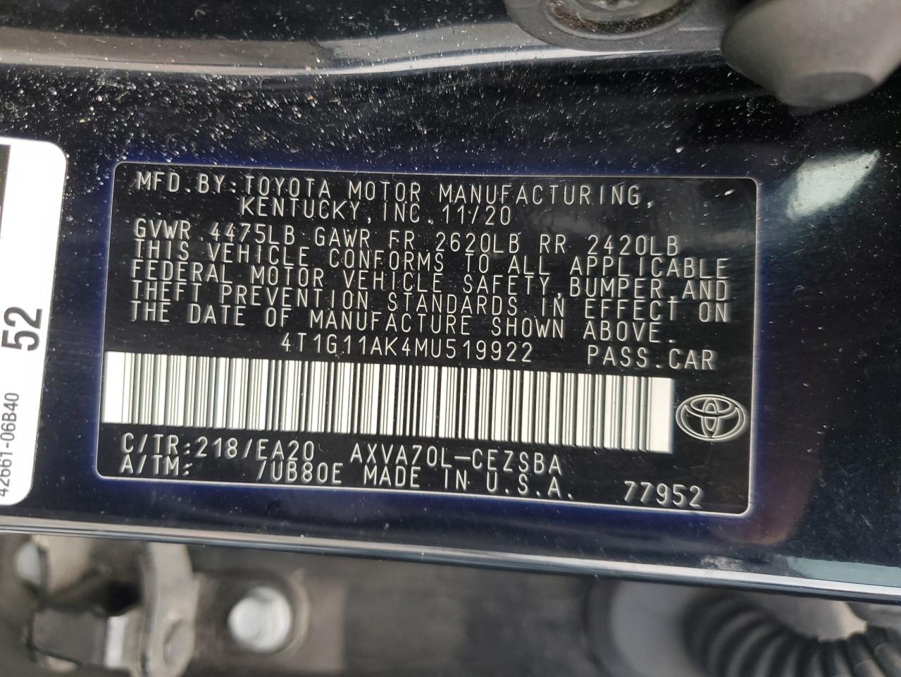 2021 Toyota Camry Se VIN: 4T1G11AK4MU519922 Lot: 92010155