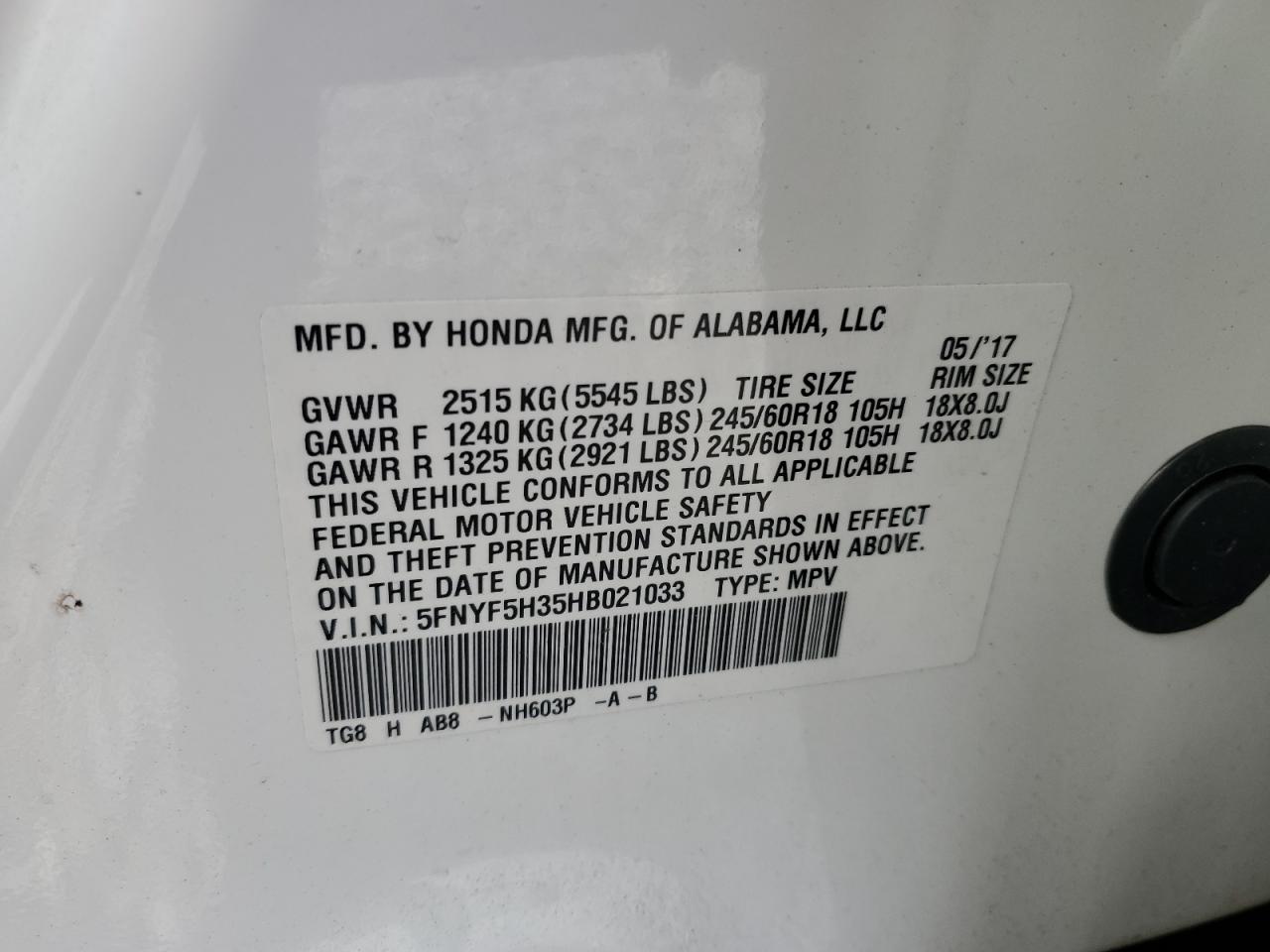 2017 Honda Pilot Ex VIN: 5FNYF5H35HB021033 Lot: 92641415