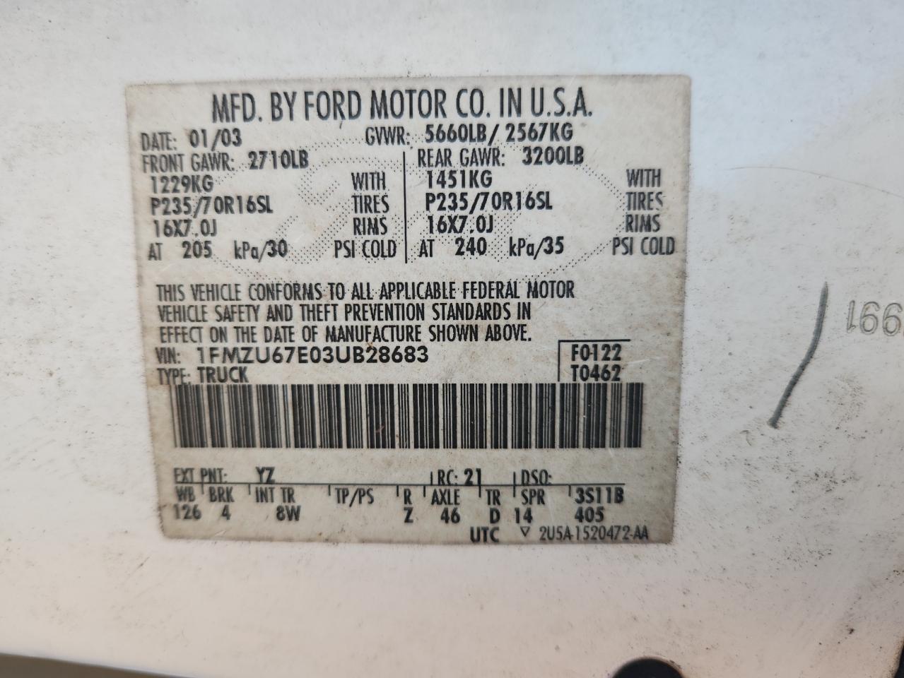 2003 Ford Explorer Sport Trac VIN: 1FMZU67E03UB28683 Lot: 91393615