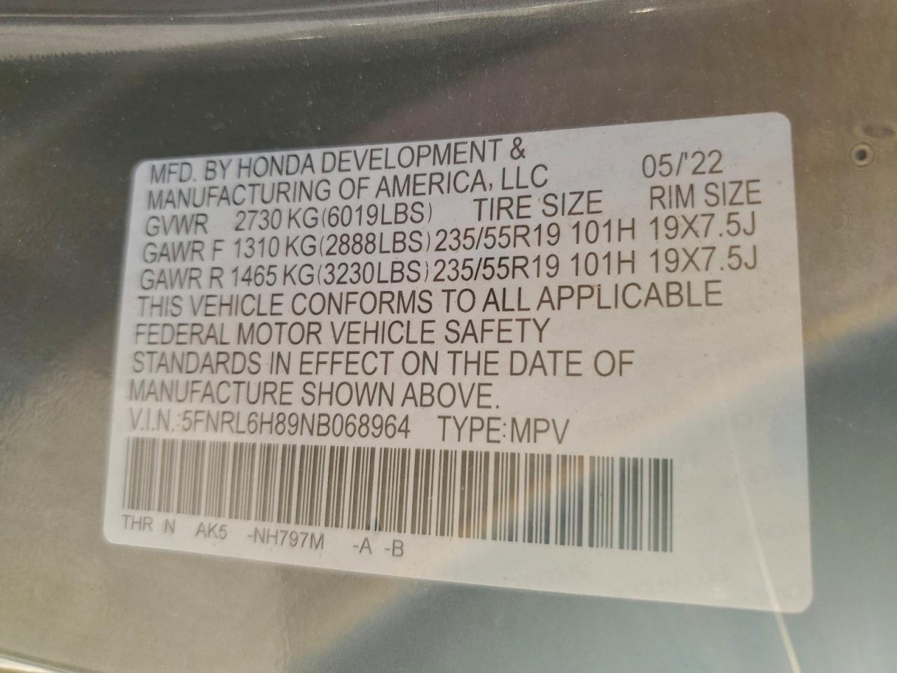 2022 Honda Odyssey Touring VIN: 5FNRL6H89NB068964 Lot: 93617175