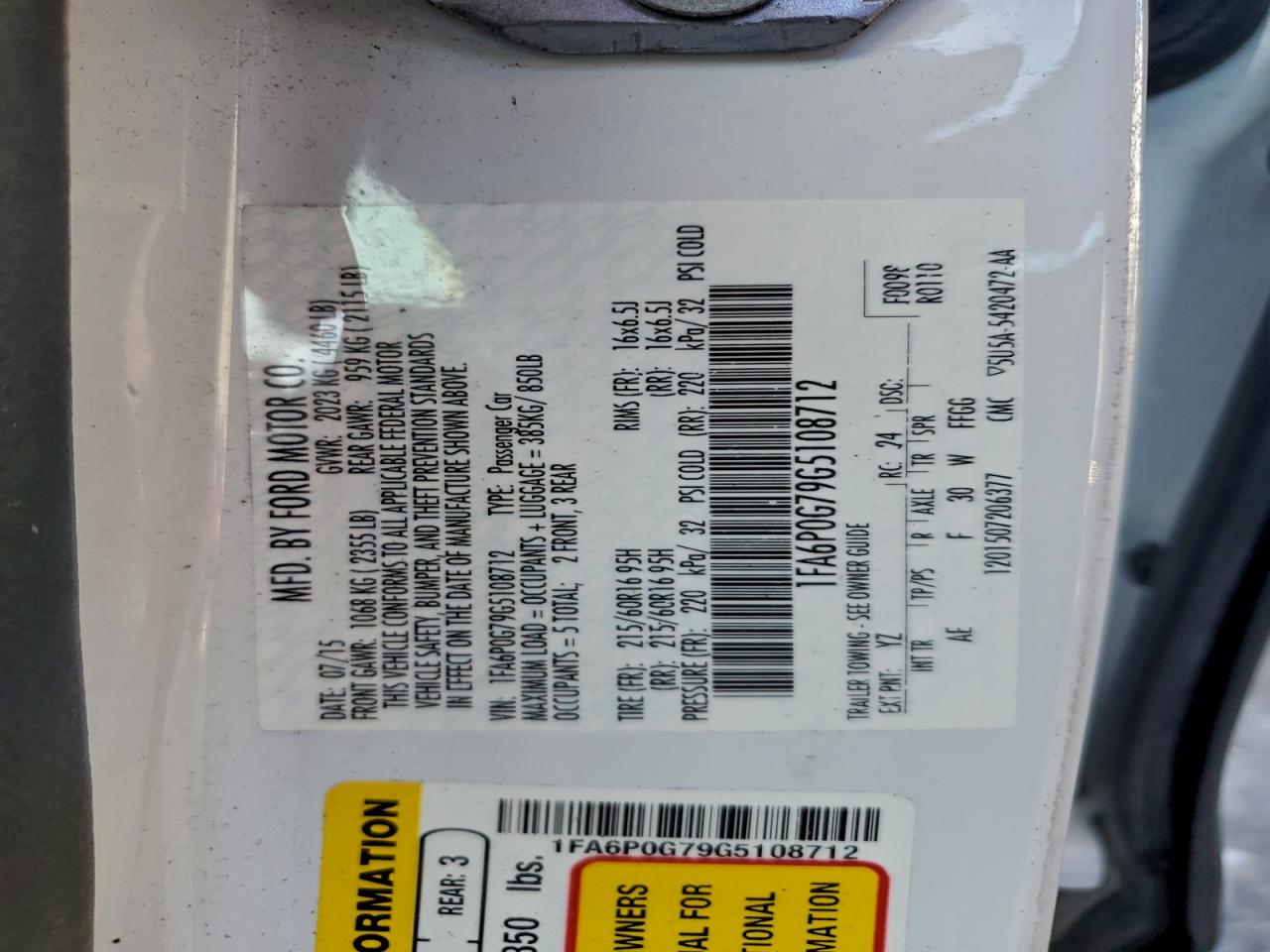 2016 Ford Fusion S VIN: 1FA6P0G79G5108712 Lot: 93971415