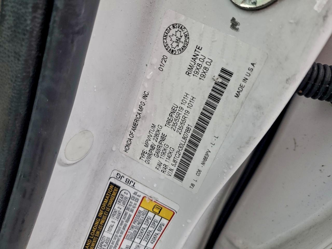 2020 Acura Rdx VIN: 5J8TC2H30LL807881 Lot: 93346635