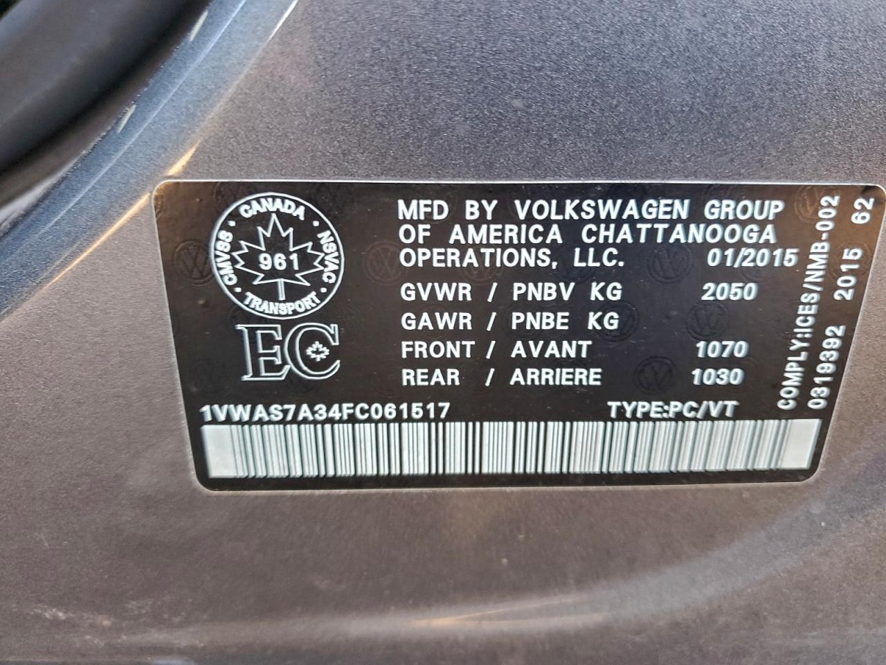 2015 Volkswagen Passat S VIN: 1VWAS7A34FC061517 Lot: 92880705