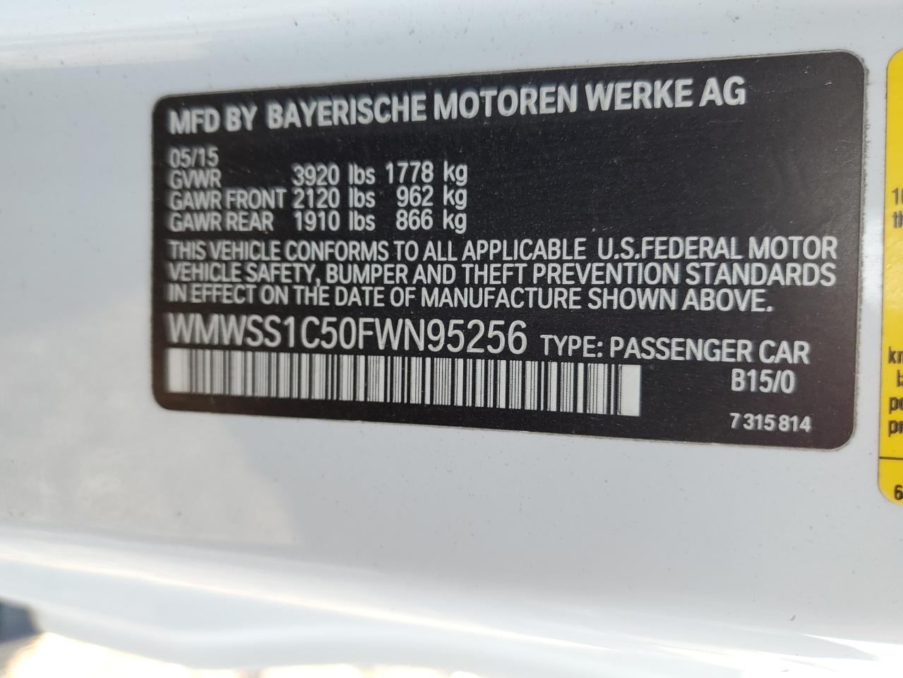 2015 Mini Cooper Paceman VIN: WMWSS1C50FWN95256 Lot: 93445675