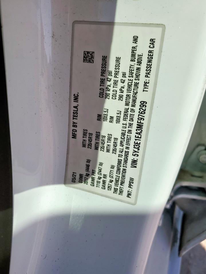 2021 Tesla Model 3 VIN: 5YJ3E1EA3MF976299 Lot: 91815585